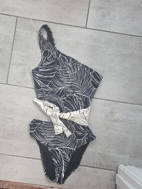 Skye Black & White Striped One-Shoulder Swimsuit